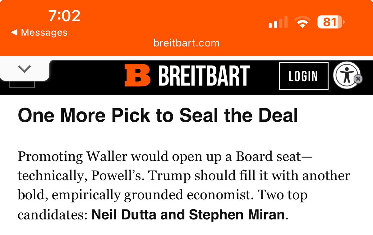 Breitbart says Neil Dutta should be considered for a Fed board seat.