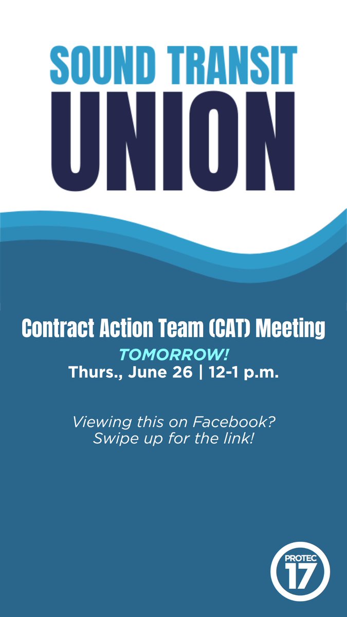 PTE17's tweet image. Sound Transit members! Don't forget to join your PROTEC17 union siblings for our Contract Action Team (CAT) meeting TOMORROW Thurs., June 26 at 12 p.m. on Zoom! ππ«΅π
Details and link in your personal email and/on the Member Portal events page (members.protec17.org/events/).
