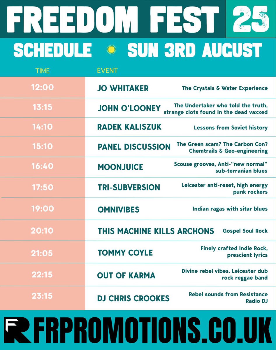 Calling all freedom loving people, you’re most welcome to join likeminded people in the Freedom Fest in Leicester, 1st to 3rd August 2025. 

Here’s the 3-day programme; choose any day or combination of days!