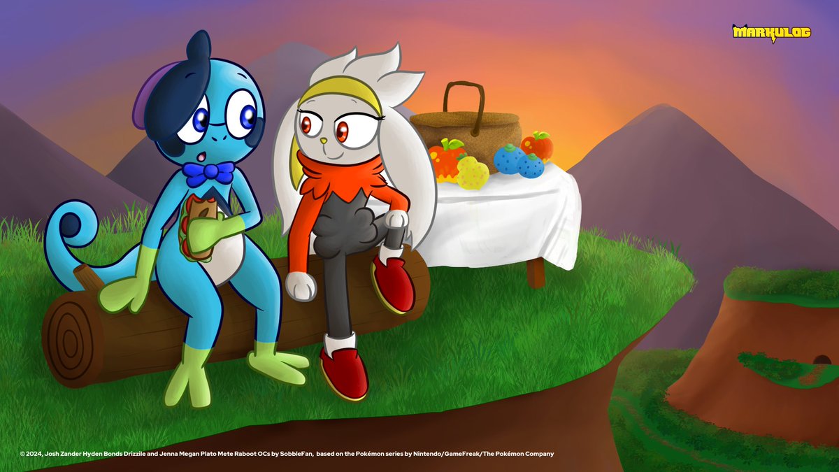 markulogmedia's tweet photo. An #arttrade I did with @LittleSobBlue back in December 2024 featuring his OCs Josh #Drizzile and Jenna #Raboot having a lil sunset picnic date, welp. #Pokemon #ジメレオン #ラビフット #ポケモン https://t.co/D4okKjrECU