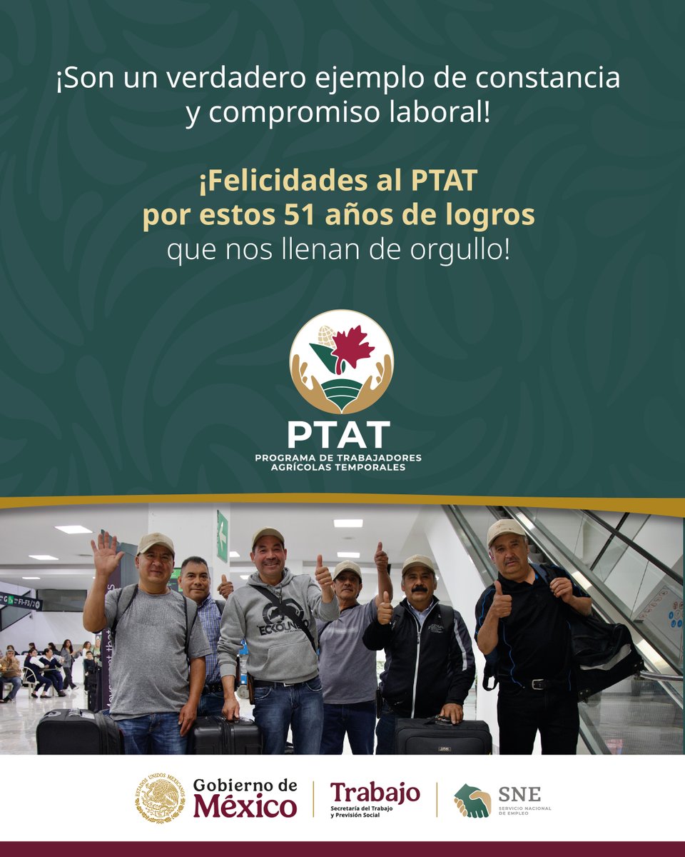 empleogob_mx's tweet photo. ¡En junio celebramos 51 años del Programa de Trabajadores Agrícolas Temporales México–Canadá #PTAT! 🇲🇽🤝🇨🇦

Desde 1974, el #SNE de la @STPS_mx ha consolidado al PTAT como un referente en movilidad laboral ordenada, segura y regular. https://t.co/R5Is55bvkm
