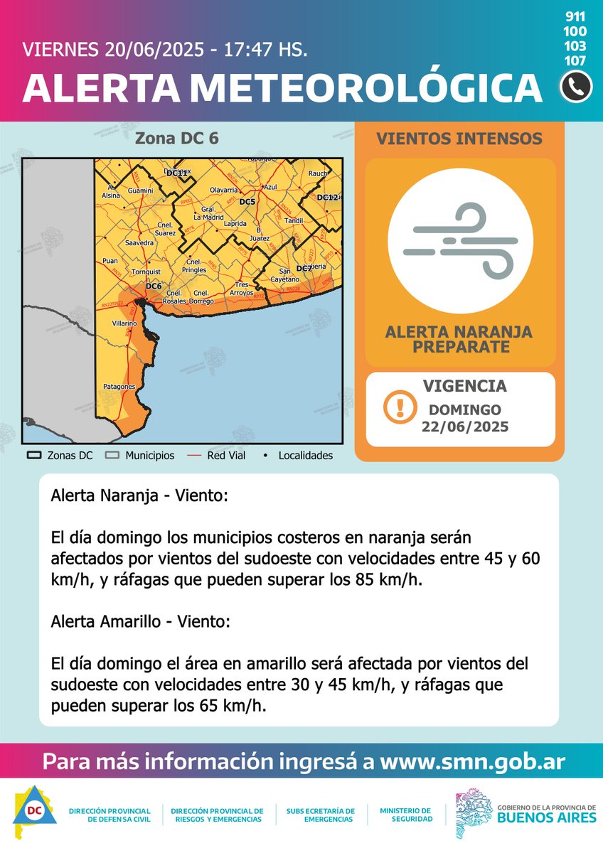 MunicipioBahia's tweet photo. ⚠️ Alerta naranja por viento - zona DC 6, Partido de Bahía Blanca

Entre el domingo 22 y el lunes 23, un sistema de baja presión avanzará sobre el norte de la Patagonia y el mar adyacente al sur de la provincia de Buenos Aires, afectando especialmente a las zonas DC 5, 6, 7, y sur de zona 11, con viento fuerte del sector sur y sudoeste.

👉 Pronóstico para el partido de Bahía Blanca:

Desde la mañana del domingo, viento fuerte del sudoeste con ráfagas de hasta 80 km/h, pudiendo ser superado localmente. En municipios costeros, se pueden registrar ráfagas de hasta 90 km/h, luego irá perdiendo intensidad durante la mañana del lunes. También hay probabilidad de algunas lluvias durante la tarde y noche del domingo con acumulados entre 5 y 15 mm. No se descartan nevadas en zona de sierras.