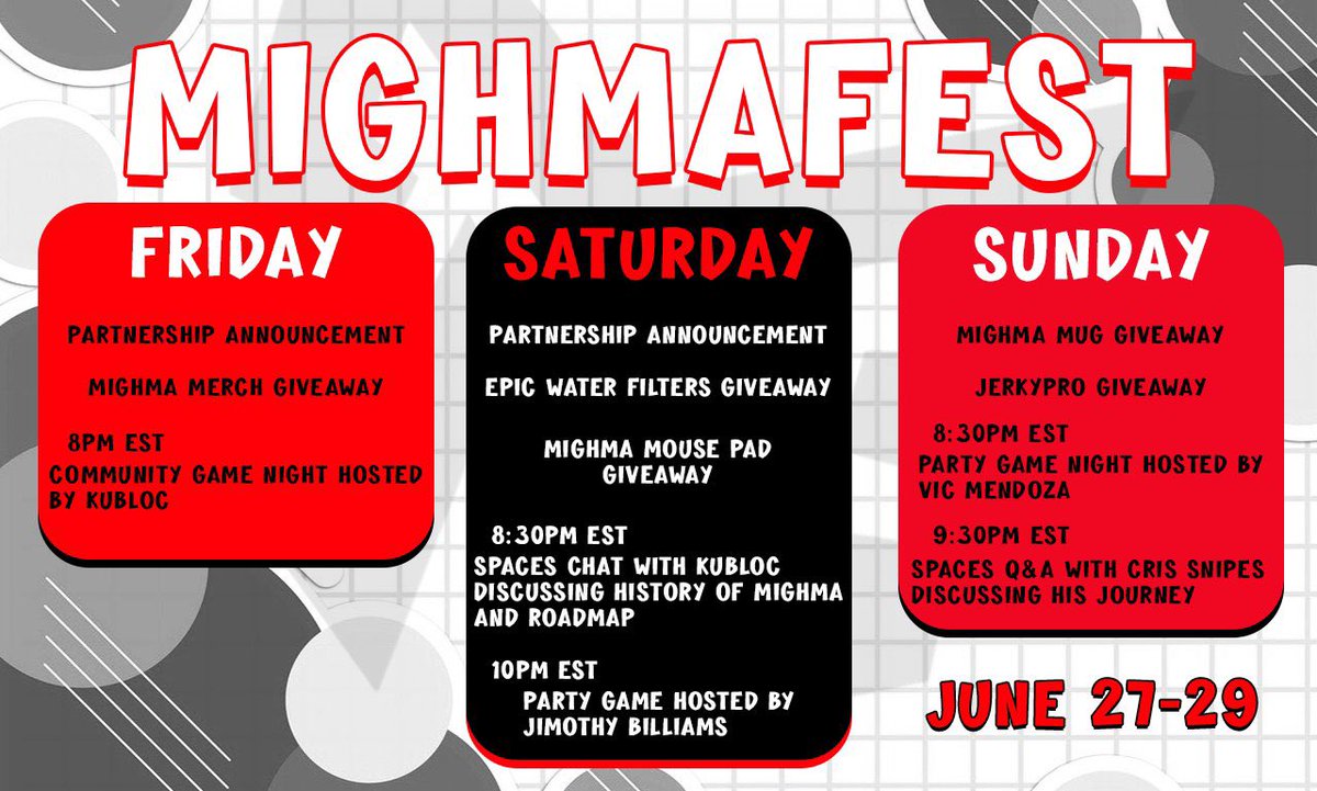 Join us June 27-29 for a weekend full of promoting, uniting, &amp; inspiring each other✨

MIGHMAFEST

- Lots of Giveaways
- Partnership Announcements
- Spaces chats
- Community Game Nights
- More!

Where creators unite, creativity ignites🔥
