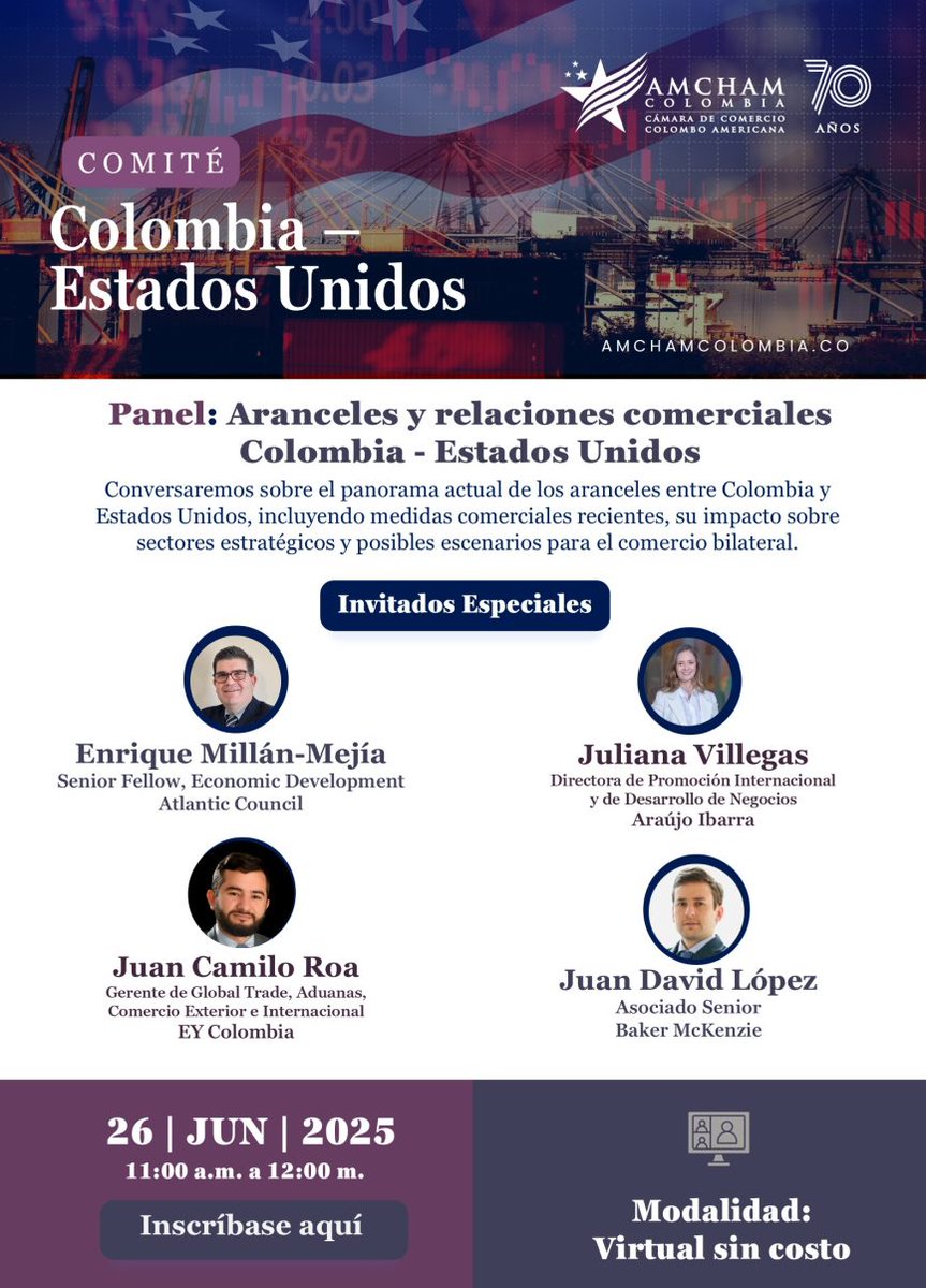 ➡️ Aranceles, competitividad y oportunidades: tres claves para entender el nuevo escenario comercial 🇨🇴🇺🇸.
Este 26 de junio analizamos cómo afectan estas medidas al comercio bilateral y qué viene para #Colombia.
🕚 11:00 a.m.
📲 Inscríbase aquí: amchamcolombia.co/eventos-amcham…