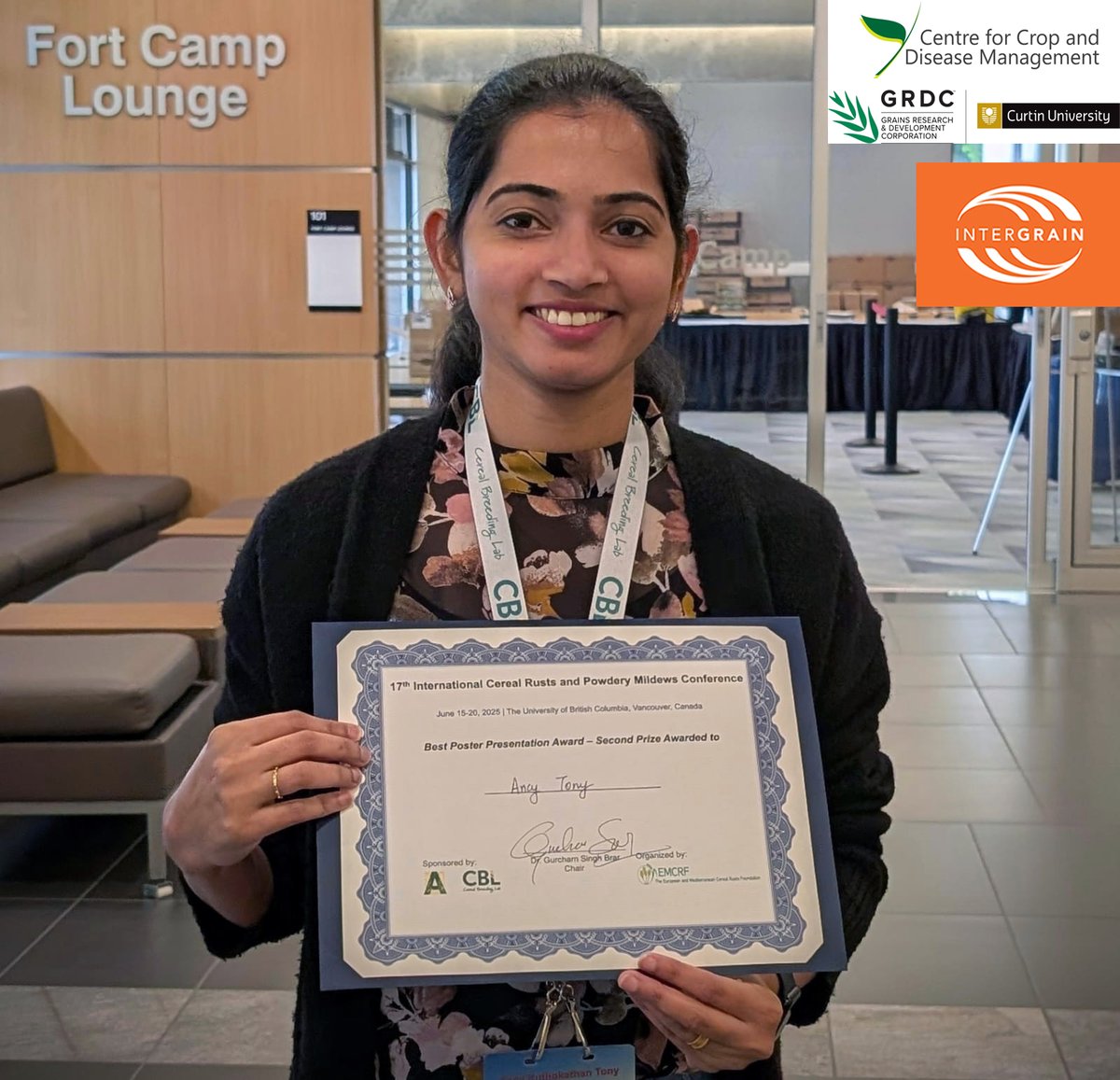 🥳CONGRATS! <a href="/theCCDM/">CCDM</a> <a href="/InterGrain1/">InterGrain</a> <a href="/mullan_daniel/">Daniel Mullan</a> PhD student <a href="/tony_ancy/">Ancy Tony</a> won a runner-up award🏆 for her poster on "Australian Wheat Powdery Mildew Pathotyping" <a href="/17thICRPMC/">17th Intl Cereal Rusts & Powdery Mildew Conference</a> #ICRPMC2025. What a way to finish the meeting! So proud! 😎