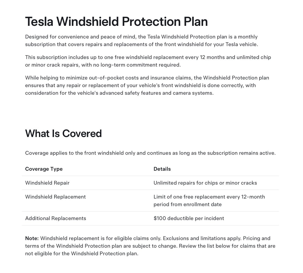 Sawyer Merritt (@sawyermerritt) on Twitter photo NEWS: Tesla has introduced a monthly windshield protection subscription.
Prices:
• Model 3/Y: $12/month
• Model S: $15/month
• Model X: $23/month
You can subscribe within 30 days of taking delivery of your new or used Tesla vehicle. Cancel anytime. Subscription includes up NEWS: Tesla has introduced a monthly windshield protection subscription.
Prices:
• Model 3/Y: $12/month
• Model S: $15/month
• Model X: $23/month
You can subscribe within 30 days of taking delivery of your new or used Tesla vehicle. Cancel anytime. Subscription includes up