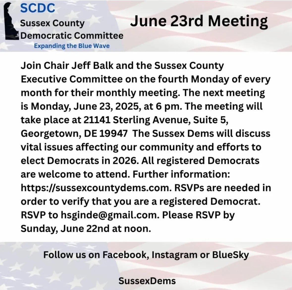 Delaware’s 41st Democratic Representative District (@rd41deldems) on Twitter photo All registered Democrats are welcome to attend. Further information: sussexcountydems.com. RSVPs are needed in order to verify that you are a registered Democrat. RSVP to hsginde@gmail.com. Please RSVP by Sunday, June 22nd at noon.
We hope to see you there.
<a href="/DelSussex/">Sussex County Democratic Committee</a> All registered Democrats are welcome to attend. Further information: sussexcountydems.com. RSVPs are needed in order to verify that you are a registered Democrat. RSVP to hsginde@gmail.com. Please RSVP by Sunday, June 22nd at noon.
We hope to see you there.
<a href="/DelSussex/">Sussex County Democratic Committee</a>