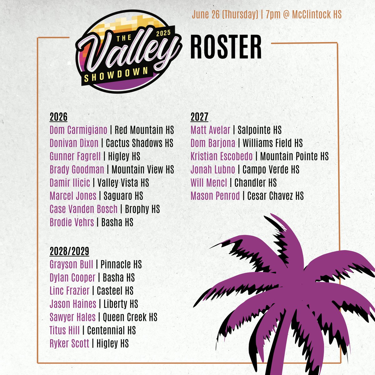 TreyAndersonQB's tweet image. 🚨THE VALLEY SHOWDOWN🚨

It’s going down June 26! Talented group ready to put on a show!

Bring your friends and family to come watch these guys perform and represent great AZ HS programs!

College coaches, feel free to reach out for info on any of the guys.

See you Thursday!