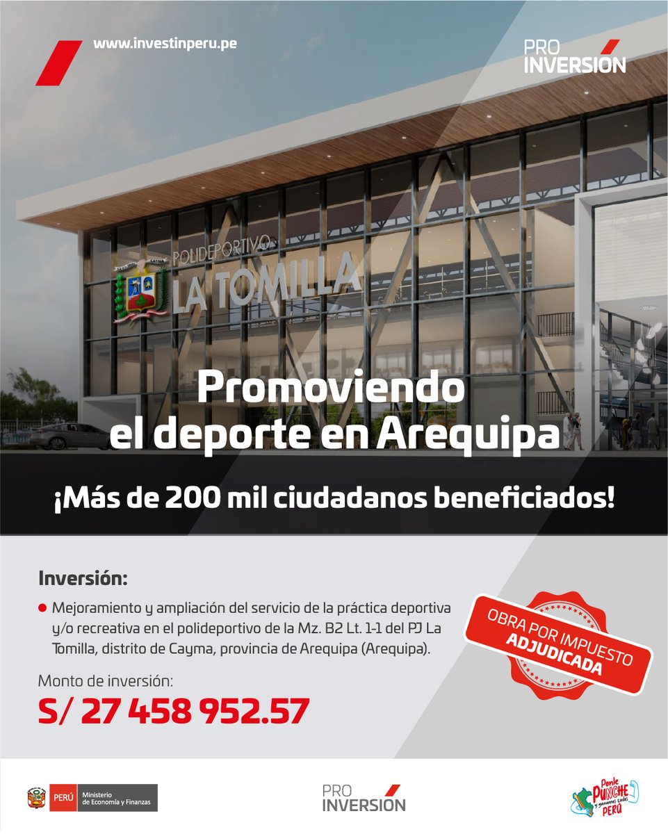 🏃🏽 ¡Buenas noticias para el deporte en Arequipa! Gracias al mecanismo de Obras por Impuestos, la Municipalidad Distrital de Cayma adjudicó el proyecto para el mejoramiento y ampliación del servicio de la practica y/o recreativa en el Polideportivo de la Mz B2 LT. 1-1 del PJ La