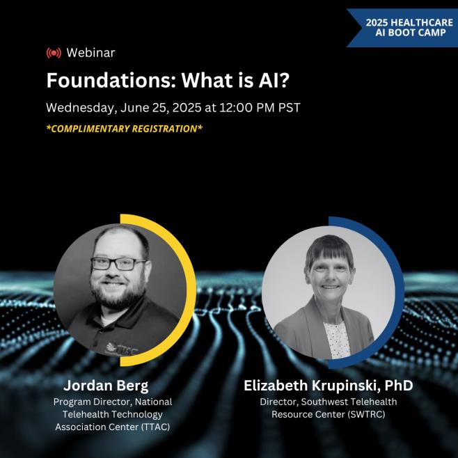 Join us for Session 2 of the 2025 Healthcare AI Boot Camp on June 25 at 12 PM PST! Learn AI fundamentals in healthcare with <a href="/SWTRC1/">Southwest Telehealth Resource Center</a> Dr. Krupinski and TTAC’s Jordan Berg.
Register: healthaibootcamp.org
#AIinHealthcare #Telehealth #SWTRC #TTAC #DigitalHealth