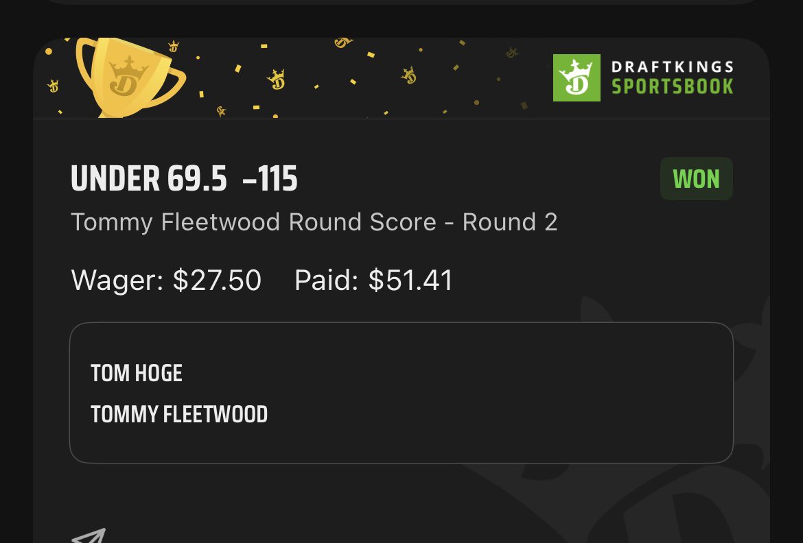 Tommy Fleetwood ✅

💰 1.15u - Tommy Fleetwood “U” 69.5 round 2 score (-115) on DraftKings

Sweat free! Posted in dubclub early this morning 🏌️‍♂️

🔗 dubclub.win/ParlayCookin/