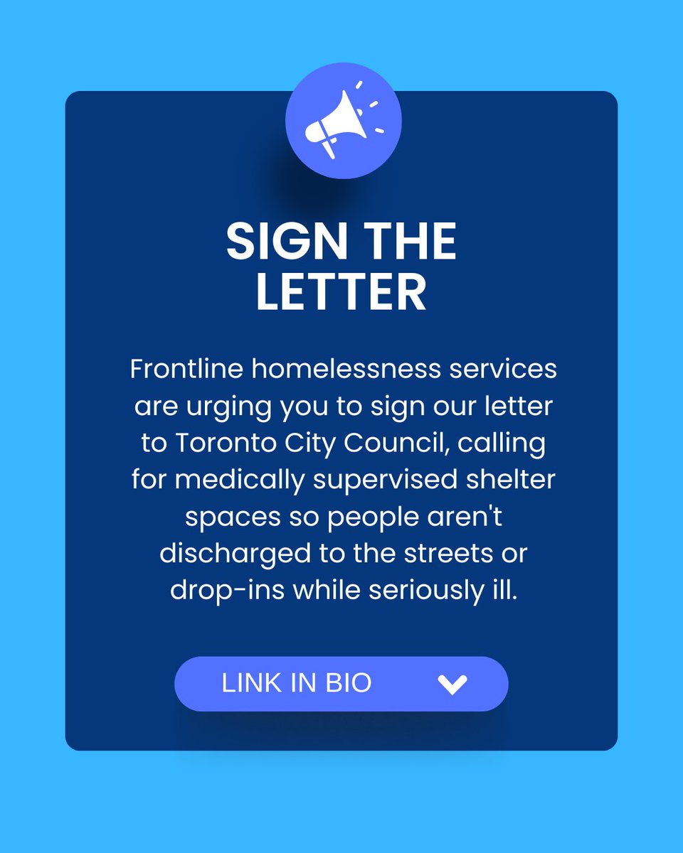 SIGN ON: Toronto must create medically supervised shelter space for homeless people 

Frontline homelessness services are urging you to sign our letter calling for medically supervised shelter spaces so people aren't discharged to the streets or drop-ins.

LINK IN BIO TO SIGN