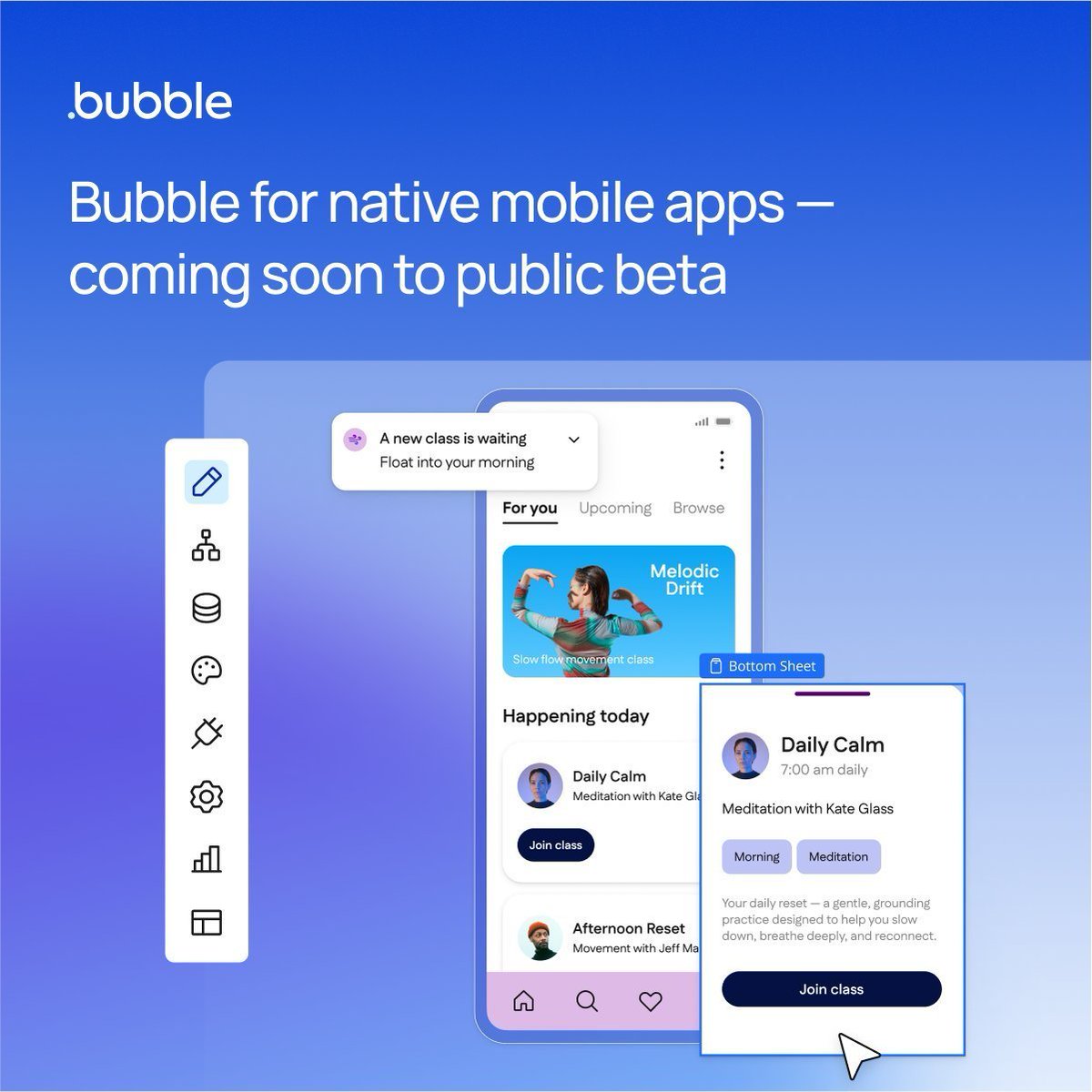 hat_bubble_dev's tweet image. 🚀 Big news, no-coders!

@bubble for native mobile apps is hitting public beta soon! Build stunning, powerful apps without a single line of code. Get ready to launch your vision. 👀

#Bubble #NoCode #MobileApps #Tech #Innovation #AppDevelopment #FutureOfTech #ComingSoon