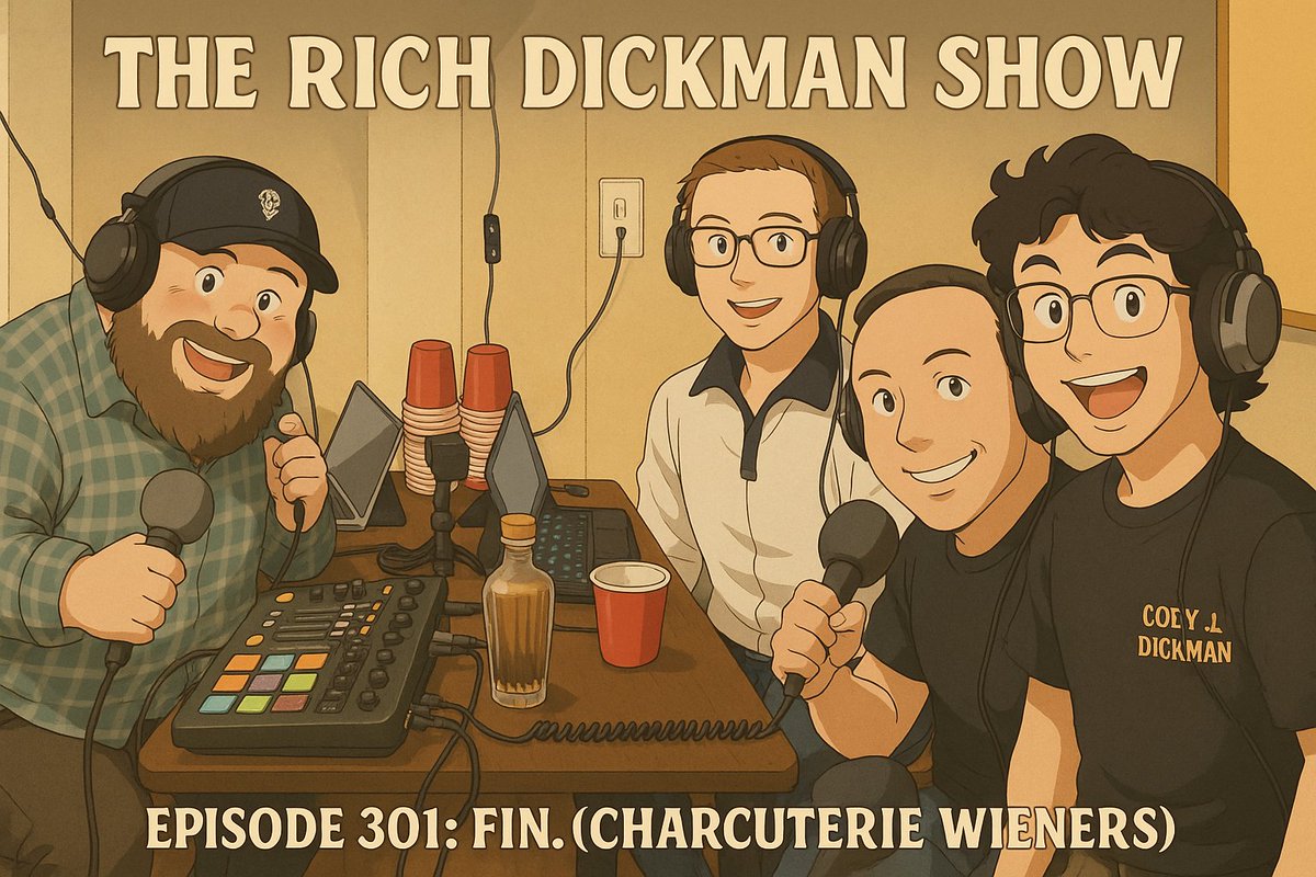 The <a href="/RichDickmanShow/">The Rich Dickman Show</a> ends with a bang in Episode 301, Fin. (Charcuterie Wieners). Rem, Ray, Randy, and Cody deliver a massive finale with epic laughs, wild stories, and a killer What Would Jesus Draw. Randy nearly blew it, but Rem saved the day. Say farewell, we bid you adieu!