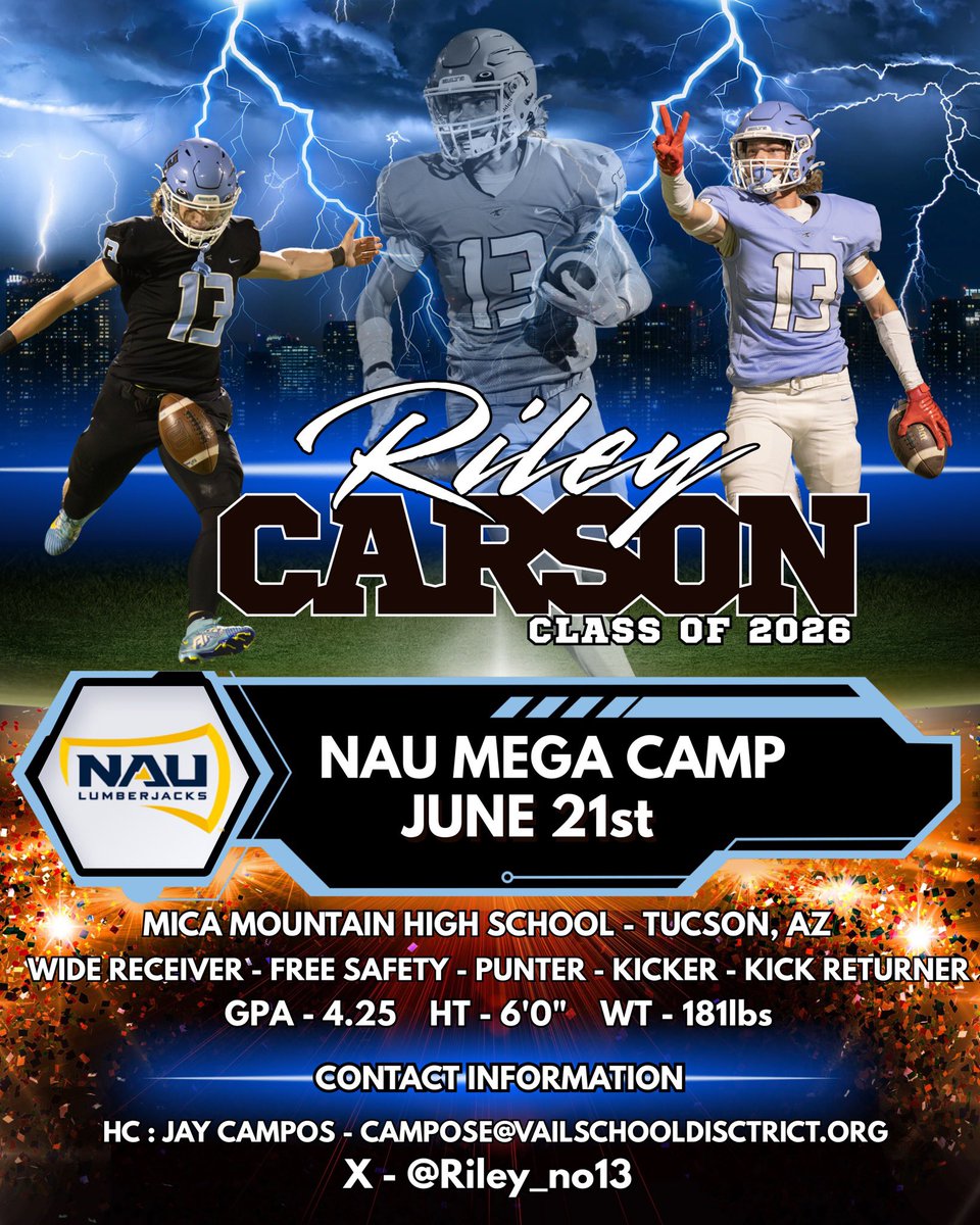 Riley Carson (@riley_no13) on Twitter photo 🎰➡️⛰️From Vegas to Flagstaff ready to ball out at NAU Mega. ⚡️🤘🏻⚡️ #BoltsTravel #CollegeFootball #Recruit26 #ATH4Life
<a href="/NFFsoArizona/">NFF Southern Arizona Chapter</a> <a href="/gridironarizona/">Gridiron Arizona</a> <a href="/JUSTCHILLY/">Just Chilly</a> <a href="/CodyTCameron/">Cody Cameron</a> <a href="/therealbeadle/">Adam Beadle</a> <a href="/JavierJMorales/">Javier Morales</a> <a href="/TimRoschmann/">Tim Roschmann</a> <a href="/NAU_Football/">NAU Football</a> <a href="/unlvfootball/">UNLV Football</a> <a href="/USDFootball/">San Diego Football</a> <a href="/AztecFB/">San Diego State Football</a> 🎰➡️⛰️From Vegas to Flagstaff ready to ball out at NAU Mega. ⚡️🤘🏻⚡️ #BoltsTravel #CollegeFootball #Recruit26 #ATH4Life
<a href="/NFFsoArizona/">NFF Southern Arizona Chapter</a> <a href="/gridironarizona/">Gridiron Arizona</a> <a href="/JUSTCHILLY/">Just Chilly</a> <a href="/CodyTCameron/">Cody Cameron</a> <a href="/therealbeadle/">Adam Beadle</a> <a href="/JavierJMorales/">Javier Morales</a> <a href="/TimRoschmann/">Tim Roschmann</a> <a href="/NAU_Football/">NAU Football</a> <a href="/unlvfootball/">UNLV Football</a> <a href="/USDFootball/">San Diego Football</a> <a href="/AztecFB/">San Diego State Football</a>