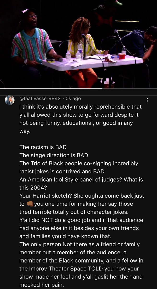 FaatiTheStreet's tweet photo. These 3 should be ashamed of themselves, here they are cackling after forcing my sister to leave the show bc their 🦝🦝🦝 a$$es couldn’t be bothered to care how their antiblackness impacted Black people. 

I left a comment on their YouTube video
You can read it below: https://t.co/yoYktj2rmn