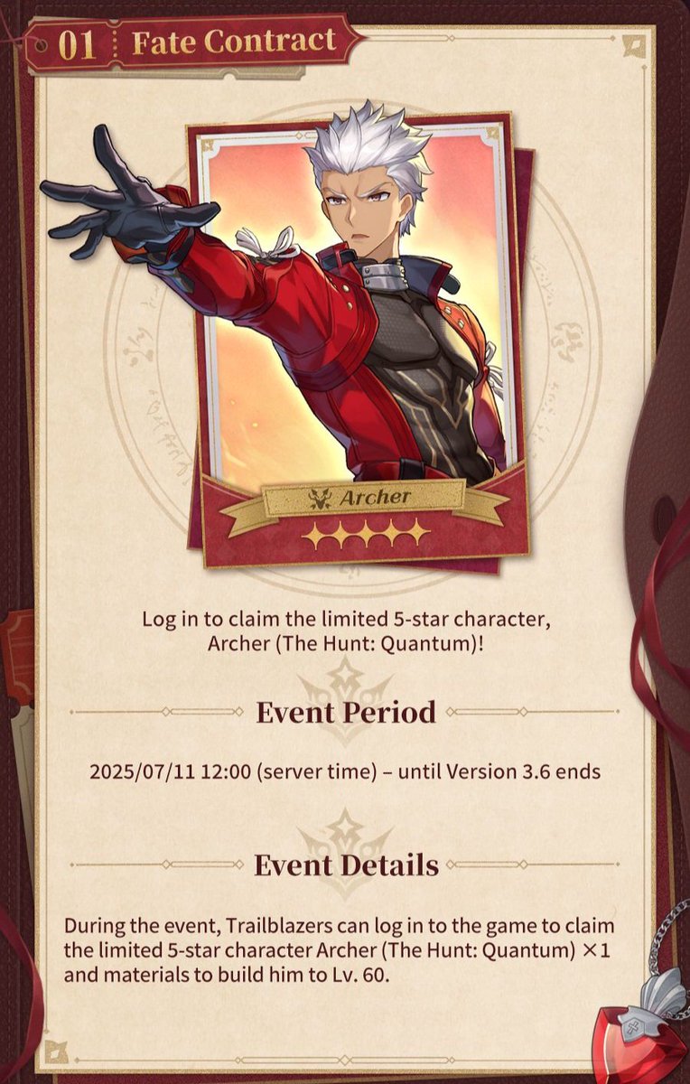 Reminder that aside from getting Archer for free, we'll also receive materials to build him to level 60

#HonkaiStarRail #HSRxFate