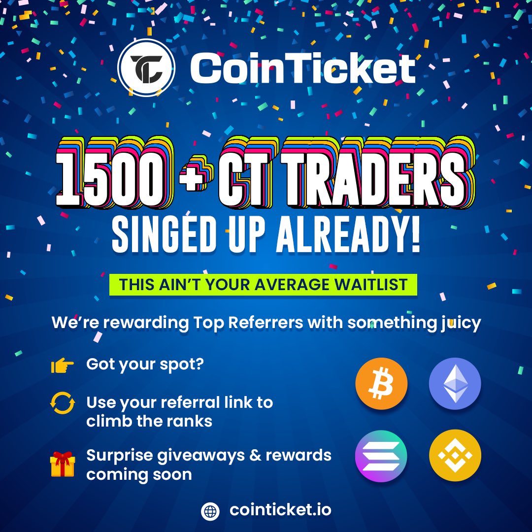 cointicketio's tweet photo. 🚀 1500+ traders on the CoinTicket waitlist!

📩 Share your referral link
🎁 Top referrers win exclusive gifts
🎉 Giveaways dropping soon 👀

Join the wave → [https://t.co/LNztKqaN62]

$BTC $ETH $SOL #Giveaway #CryptoMarket #CryptoLaunch #trading https://t.co/6v69fNUHU7