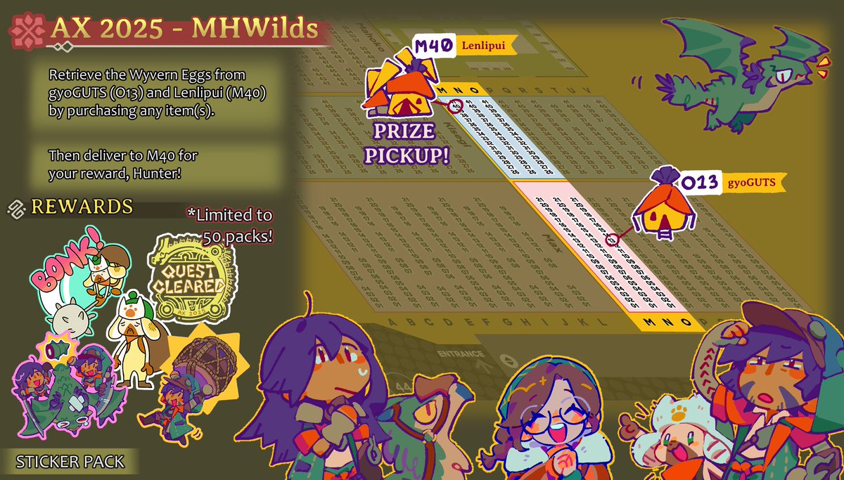 [RTs 💕]
Hunters, there's been a discovery of Wyvern Eggs in the AX Artist Alley! Collect and bring them back to basecamp and receive your reward, but watch out for that Rathian!! 

Will you accept this Quest?
#AX2025 #AX2025ArtistAlley #AXArtistAlley2025