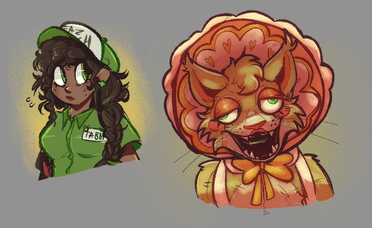 RawrBeetz's tweet image. Dorky Fazbear technician/my favorite girl Tabitha Rennings, and a SotM inspo-d design of Jazzy the Cool Cat just for the fun of it :]

#fnafoc #fivenightsatfreddysoc #fnaforiginalcharacter