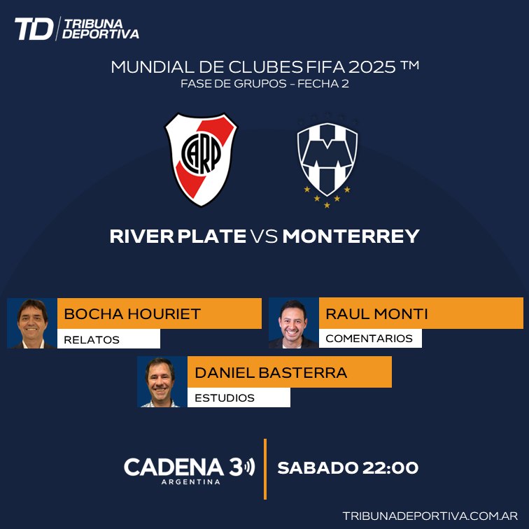 #MundialDeClubes 
#River #Monterrey
🎙 <a href="/BochaHouriet/">Bocha Houriet</a>
🎙 <a href="/MontiRaul/">Raul Monti</a>
🎙 <a href="/DanielBasterra/">Daniel Basterra</a>
📻 <a href="/Cadena3Com/">Cadena 3 Argentina</a>