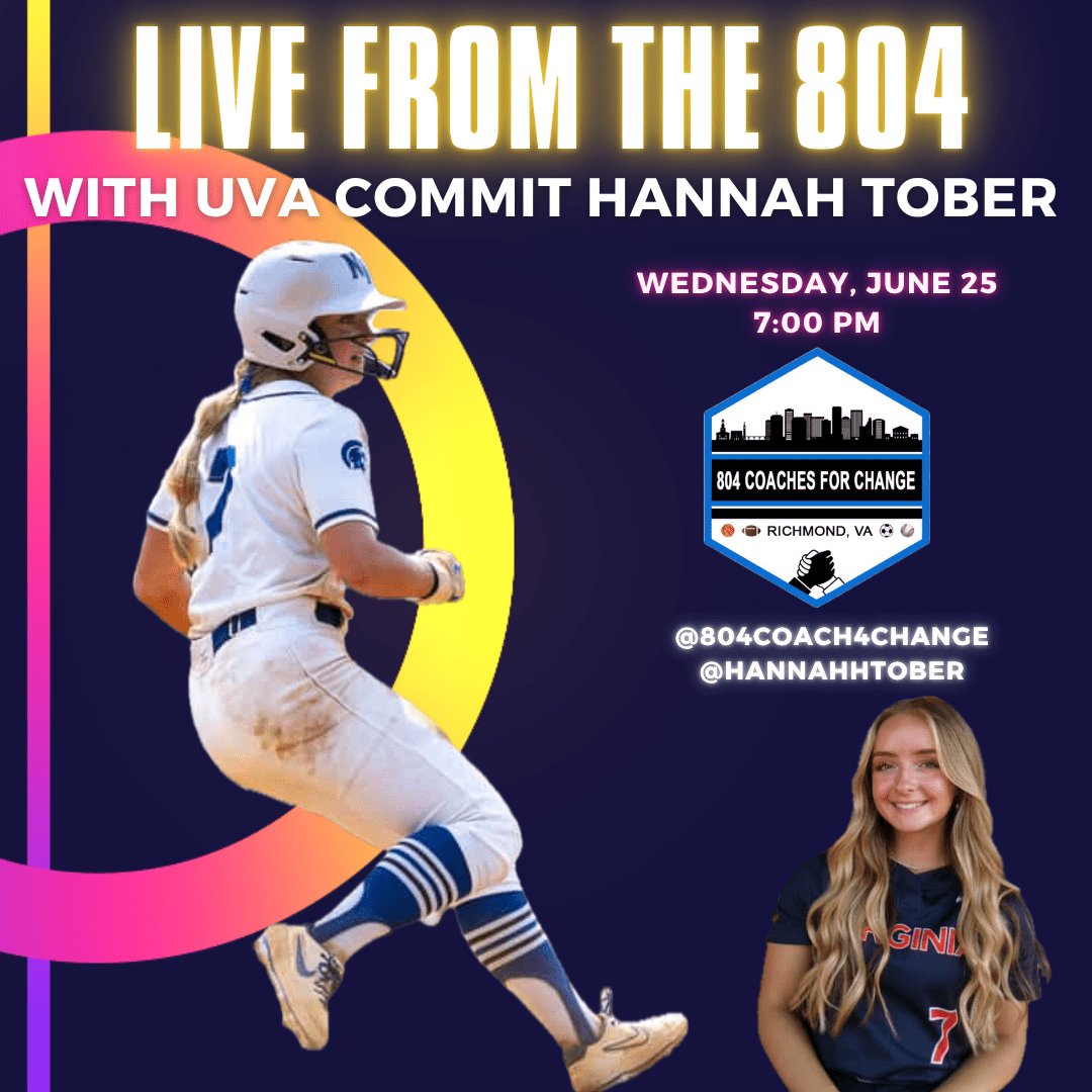 "Live From The 804" returns June 25 at 7 pm on our IG account with UVA softball signee and New Kent star Hannah Tober <a href="/ToberHannah/">Hannah Tober</a>. We will discuss her athletic journey, why she picked UVA, and tips on how to be a successful student-athlete. 
Don't miss it!!!
<a href="/NewKentSoftball/">New Kent Softball</a>