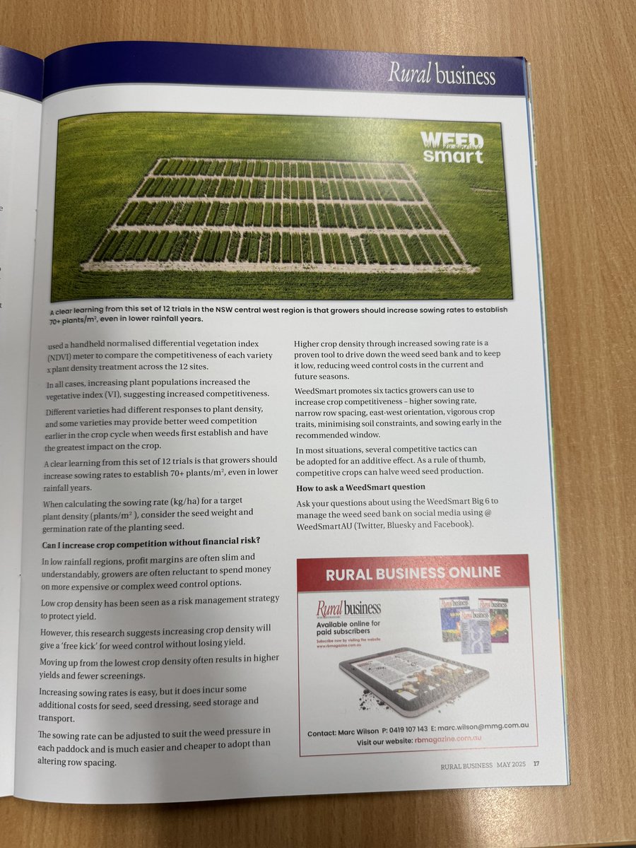 Great to see <a href="/theGRDC/">GRDC</a> funded research showcased in the latest #ruralbiz magazine. 

Key Take home: Maurie Street <a href="/GrainOrana/">GOA</a> ‘This research suggests increasing crop density will give a free kick for weed control without losing yield’