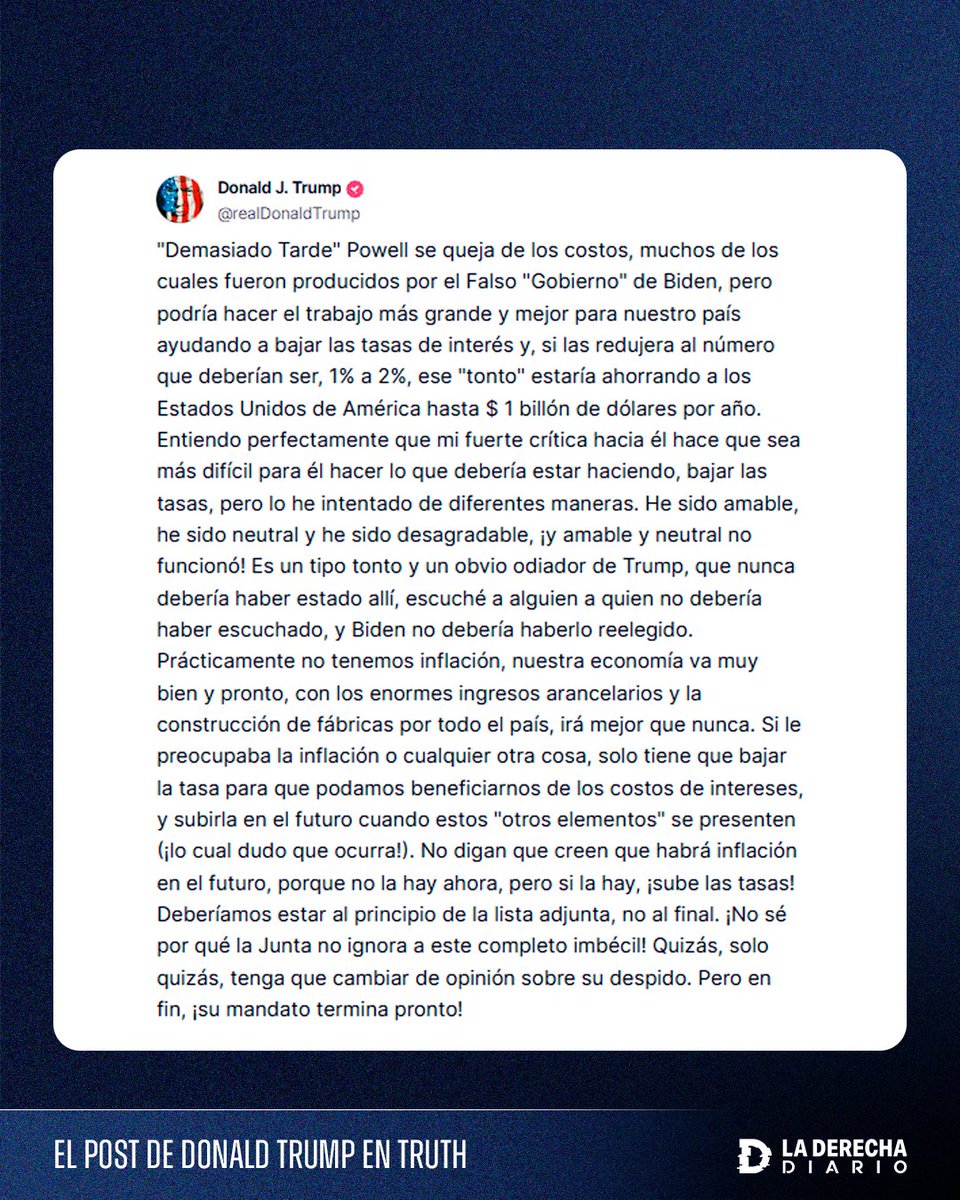 🇺🇸 | Trump critica al presidente de la Reserva Federal de Biden, Jerome Powell, por no bajar las tasas de interés mientras "prácticamente no hay más inflación": "Es un tipo tonto y obvio odiador de Trump, que nunca debería haber estado allí. Biden no debería haberlo reelegido".