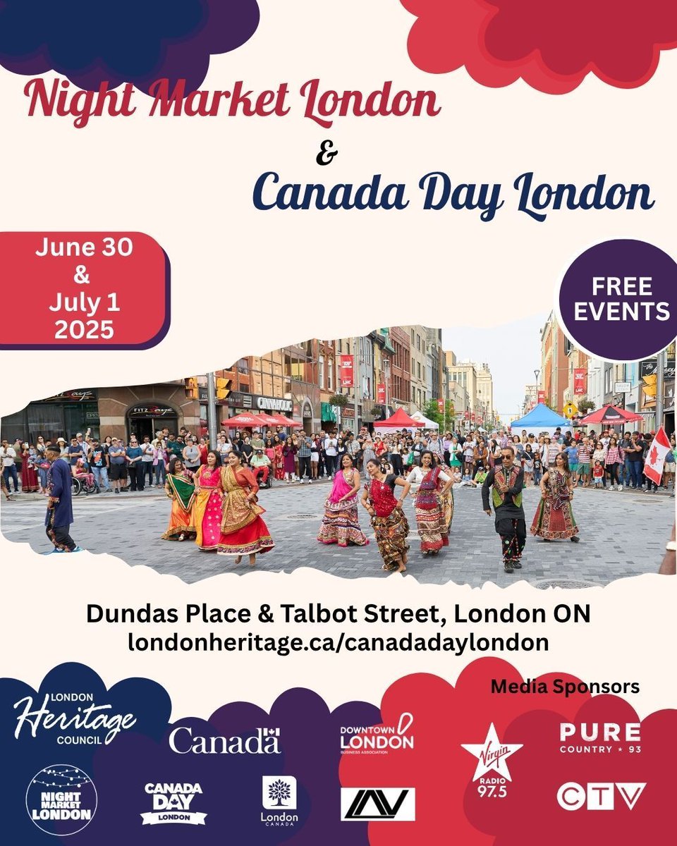 Downtown’s calling – and you won’t want to miss this.

🎉 June 30: Night Market London – eats, beats &amp; street vibes
🍁 July 1: Canada Day London – live music, kid zones, and fireworks!

It’s free, it’s downtown, and it’s all for YOU.
👀 Details: londonheritage.ca/canadadaylondon