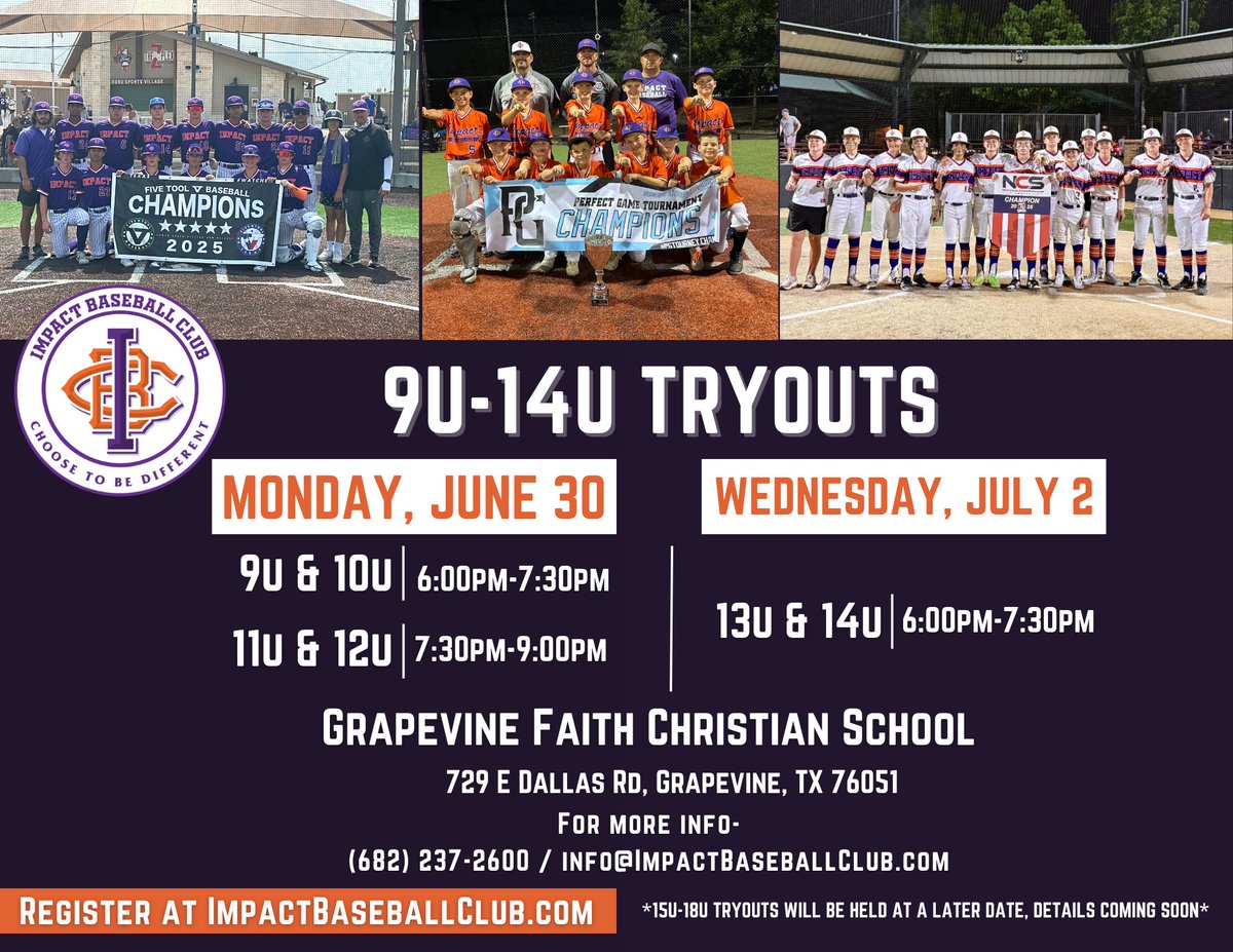 JUNE 30th &amp; JULY 2nd: Impact Baseball Club tryouts 9U-14U❗ ❗ 

📍 Grapevine Faith Christian School

*15U-18U tryouts will be held at a later date*

For more information and to register, click here: impactbaseballclub.leagueapps.com/events/4646938…