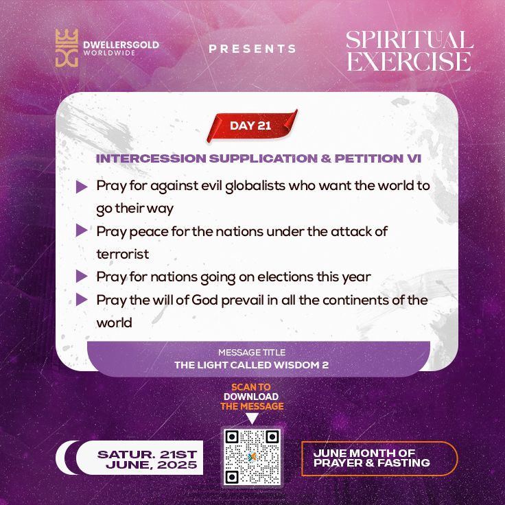 BenjaminPs77's tweet photo. 📢 SPIRITUAL EXERCISE – DAY 21
This month is our June Month of Prayer & Fasting for our Spiritual Exercise.
🎯 Message Title: THE LIGHT CALLED WISDOM 2? https://t.co/z1cyozEXKP...
#SpiritualExercise
#JunePrayerAndFasting
#TheHelpOfGod #WordAndPrayer https://t.co/gck4TS8U3D