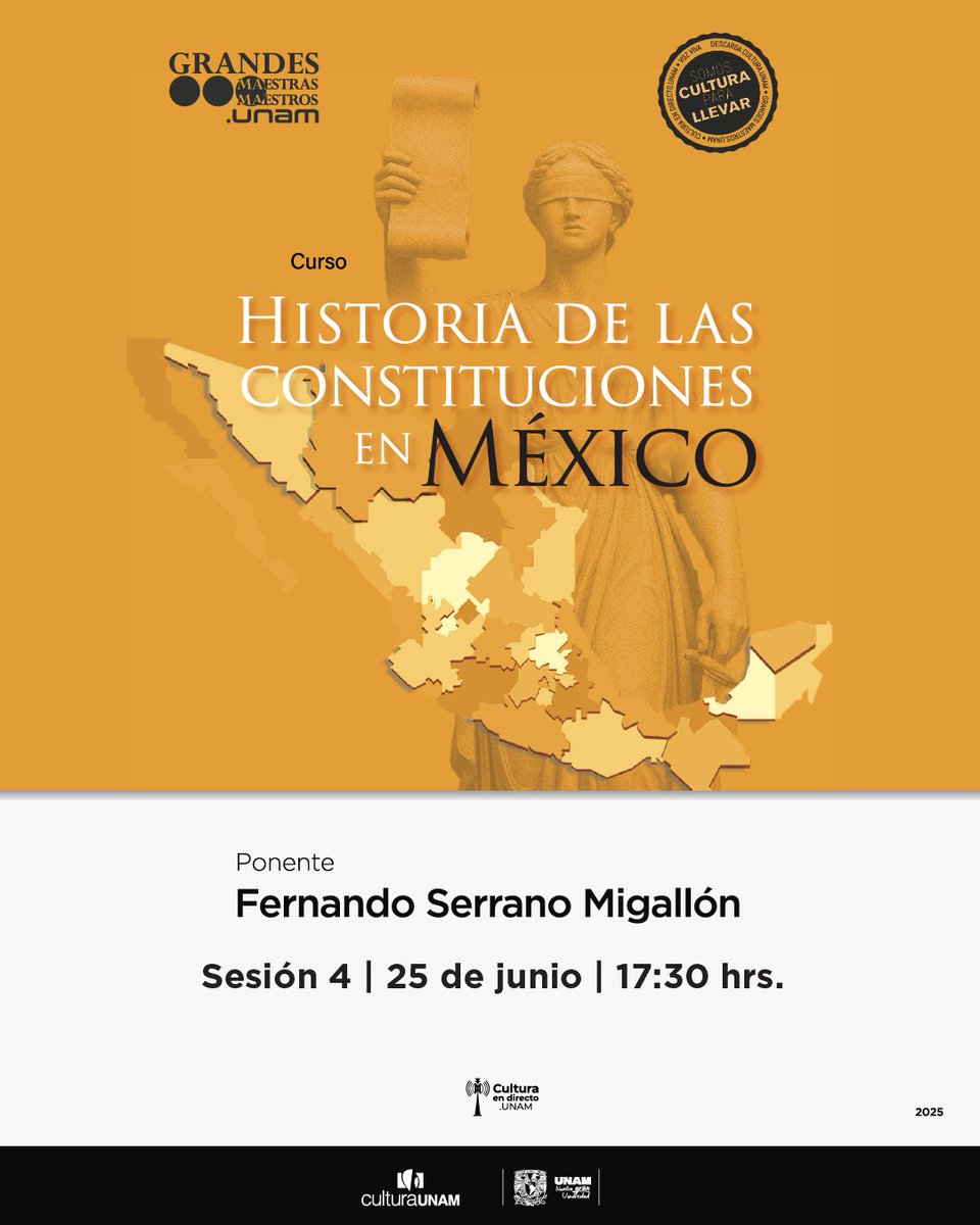 ¿Por qué no ha habido una nueva Constitución? 🤔
Aprende de la mano del maestro Fernando Serrano Migallón, quien comparte su conocimiento en el curso «Historia de las constituciones en México» para #GrandesMaestrosUNAM.
🗓 Miércoles 25 de junio | 17:30 h

#SomosCulturaParaLlevar