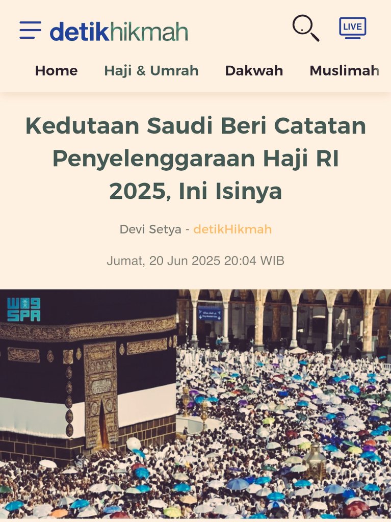 Sorotan Utama Arab Saudi terhadap Penyelenggaraan Haji RI 2025.

Dalam pernyataan resmi Kedutaan Besar Arab Saudi menyebut adanya sejumlah pelanggaran yang dilakukan oleh pihak Indonesia selama musim haji tahun ini.

Pelanggaran² itu dinilai berdampak langsung pada kualitas