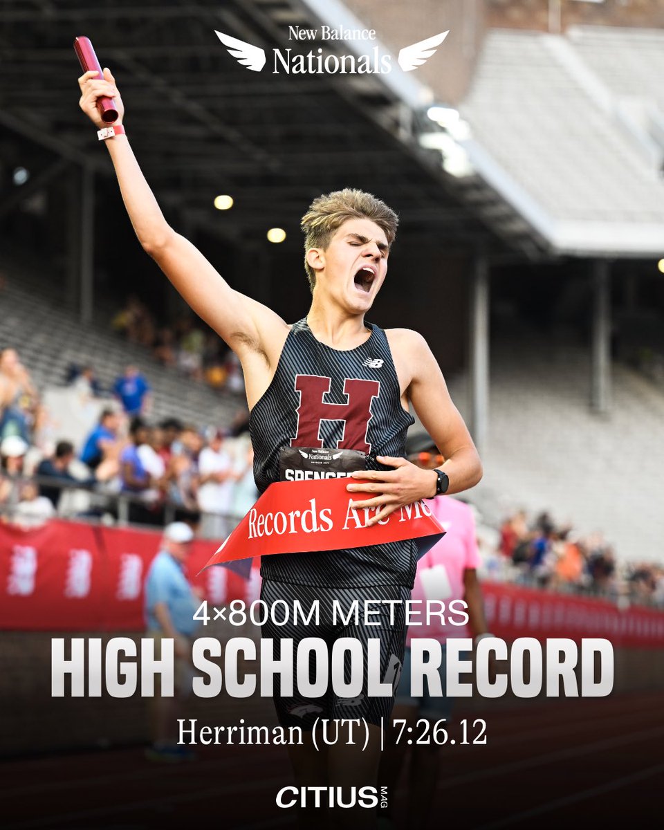 HISTORY MADE.

The Herriman, UT quartet of Jonah Tang (1:54.74), Micah Tang (1:52.52), Tayshaun Ogomo (1:48.94), and Jackson Spencer (1:49.94) break the U.S. high school record with their 7:26.12 victory in the New Balance Nationals 4x800m championship.

Ogomo’s sub-1:49 split