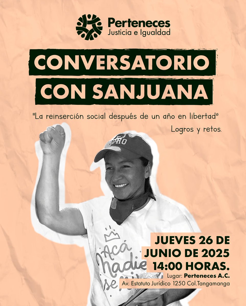 PertenecesAC's tweet photo. Hoy celebramos un año de libertad de Sanjuana, después de pasar 15 años en prisión injustamente. Acompáñanos al conversatorio con Sanjuana para reflexionar sobre los retos y logros en su camino hacia la reinserción social.

En Perteneces trabajamos para que personas como Sanjuana logren su reinserción.

¡Gracias por pertenecer!