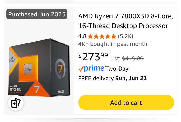 SlickFrames's tweet photo. Alert!Alert! 7800x3d is almost 50% off!!! Someone is getting fired for thislmao! I am finally jumping to AM5 lads!! https://t.co/G1maK8oPs3