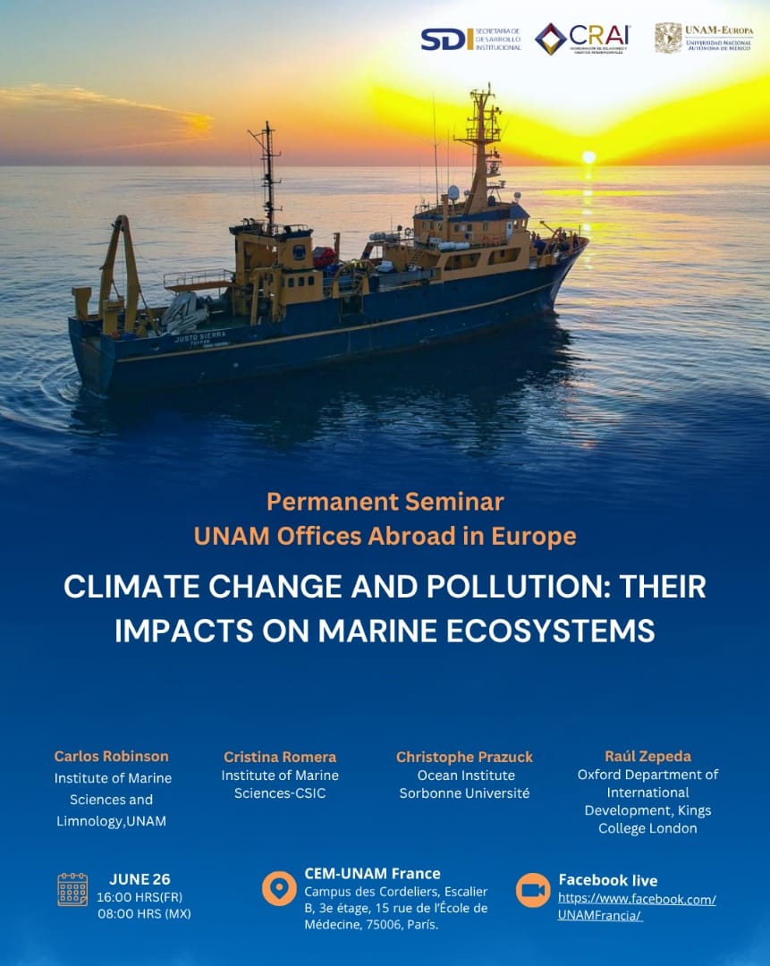 UNAM UK (@unam_uk) on Twitter photo 🌍 How is climate change reshaping our oceans?
🗓️ 26 June | 16:00 FR
📍 UNAM-France, Paris
🎥 Live FB: <a href="/UNAMFrancia/">UNAM-Francia</a>
UNAM, CSIC, Sorbonne & KCL team up to explore impacts on marine ecosystems.
#UNAMEurope #ClimateScience 🌍 How is climate change reshaping our oceans?
🗓️ 26 June | 16:00 FR
📍 UNAM-France, Paris
🎥 Live FB: <a href="/UNAMFrancia/">UNAM-Francia</a>
UNAM, CSIC, Sorbonne & KCL team up to explore impacts on marine ecosystems.
#UNAMEurope #ClimateScience