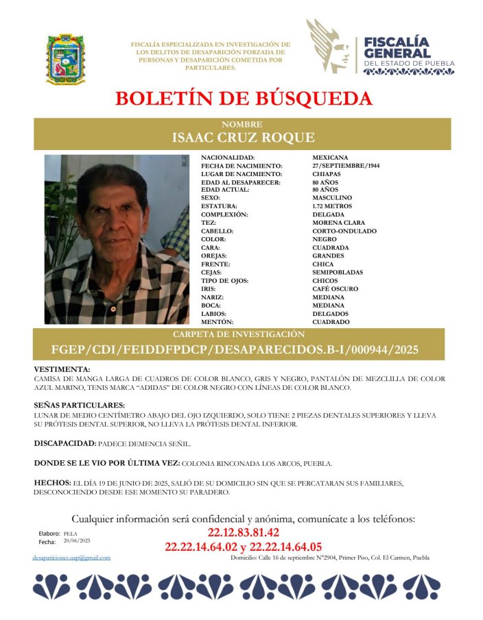JCarlos_Valerio's tweet photo. #ServicioSocial || Solicitamos su apoyo para localizar a Isaac Cruz Roque de 80 años de edad. Fue visto por última vez en la Colonia Rinconada los Arcos, #Puebla. https://t.co/zx42j1c0zK