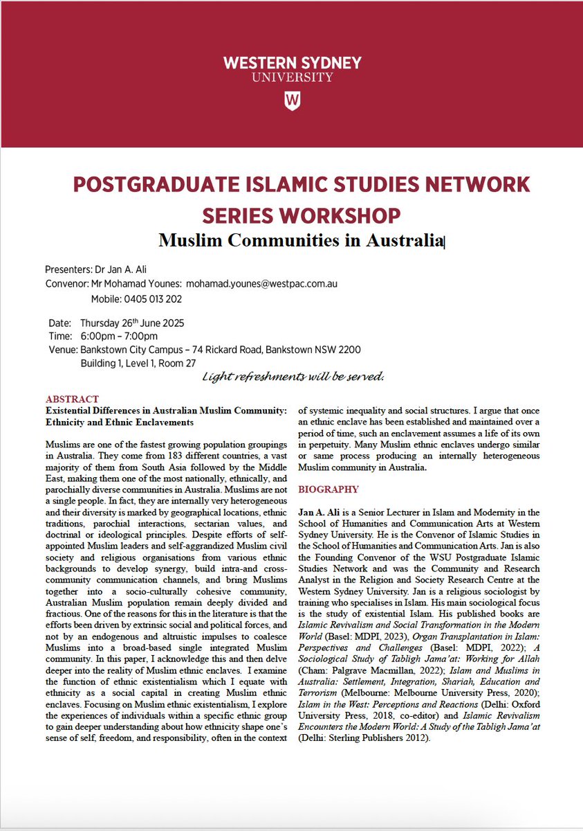 🎯 What unites and divides Australian Muslim communities?
Join us for a talk by Dr. Jan A. Ali on ethnicity &amp; enclavement in Muslim Australia.
📅 Thu, 26 June | 🕕 6–7PM
📍 WSU Bankstown Campus
🥐 Light refreshments included
#AAIMS #IslamicStudies #MuslimCommunities #JanAli