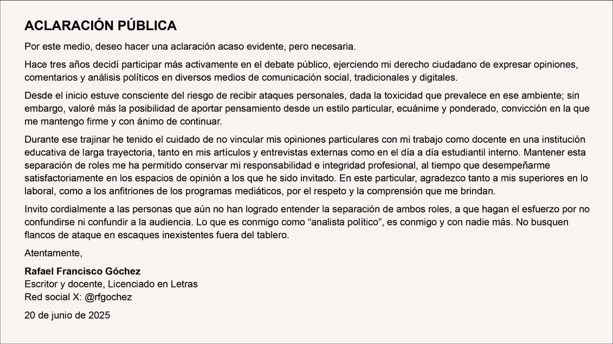 ACLARACIÓN PÚBLICA
Por este medio, deseo hacer una aclaración acaso evidente, pero necesaria.
Hace tres años decidí participar más activamente en el debate público, ejerciendo mi derecho ciudadano de expresar opiniones, comentarios y análisis políticos...
[Sigue... 🧵]