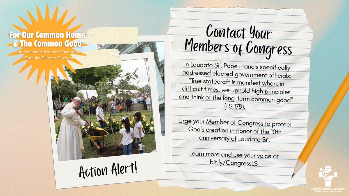 Action Alert! 🚨 Contact your Members of Congress in honor of the 10th anniversary of Laudato Si’! We make it easy, just go to bit.ly/CongressLS to learn more and send your message! #EcoCatholic