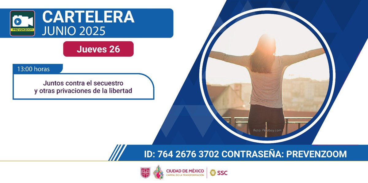 Como parte de la estrategia de seguridad de la
<a href="/SSC_CDMX/">SSC CDMX</a>, te invitamos al taller "Juntos contra el secuestro y otras privaciones de la libertad", que impartiremos en la cartelera de PREVENZOOM este jueves 26 de junio a las 13 hrs. 🔴Zoom ID 764 2676 3702