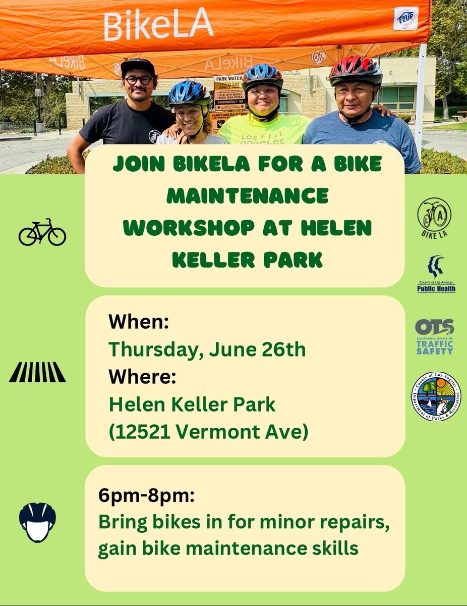🔧 Join BikeLA for a Free Bike Maintenance Workshop!

📅 Wednesday, June 26th
🕕 6:00 PM – 8:00 PM
📍 Helen Keller Park

Bring your bike and learn how to:

🚲 Make minor repairs
🛠️ Gain hands-on maintenance skills
Be given the tips and knowledge to keep you rolling!