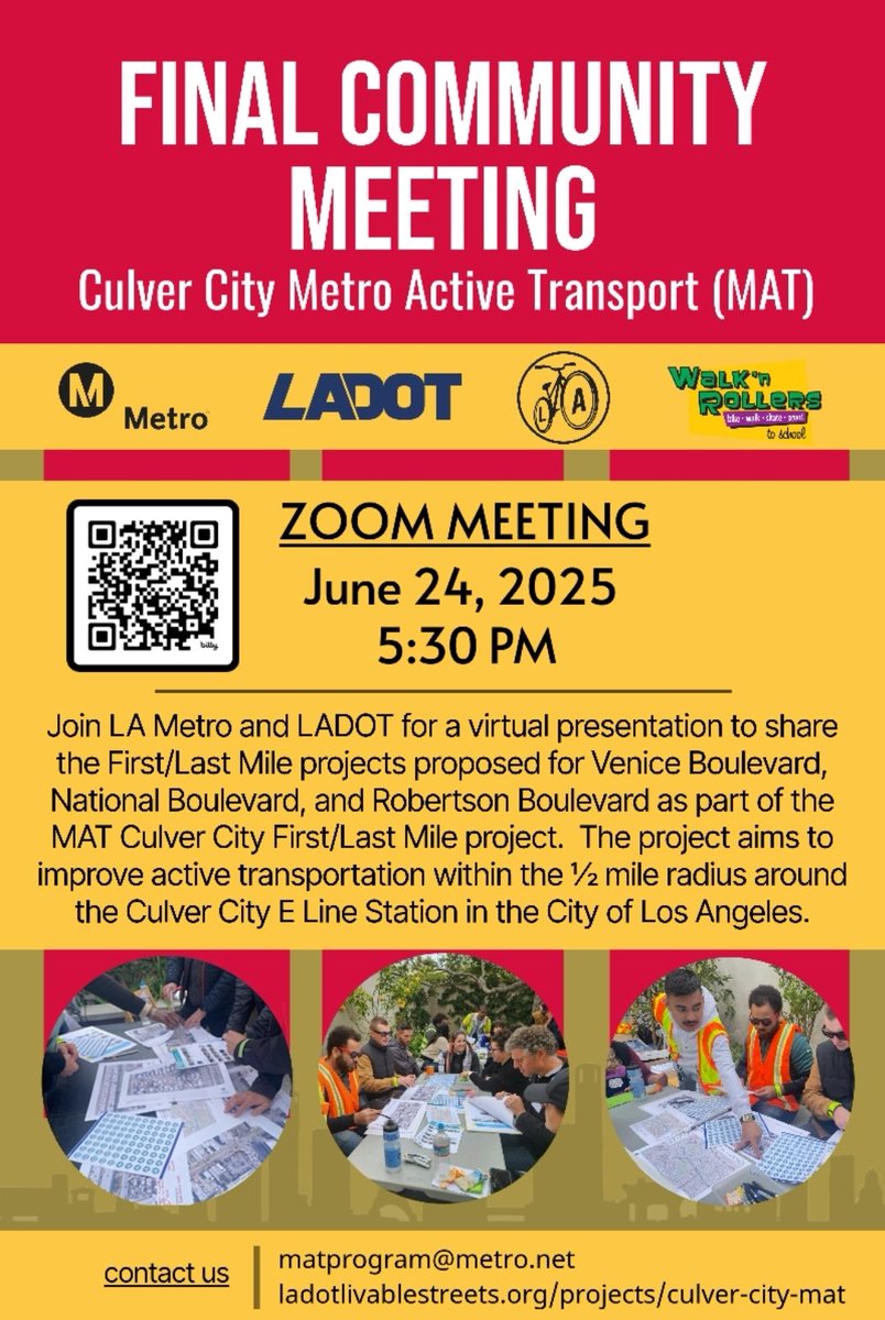 🚶‍♀️🚲 FINAL VIRTUAL MEETING – June 24 @ 5:30PM!
Help shape safer streets near Culver City E Line 🚉
📍 Focus: Venice, National &amp; Robertson
🔗 Zoom link in flyer QR code
#CulverCity #LADOT #LAMetro #FirstLastMile #MobilityForAll