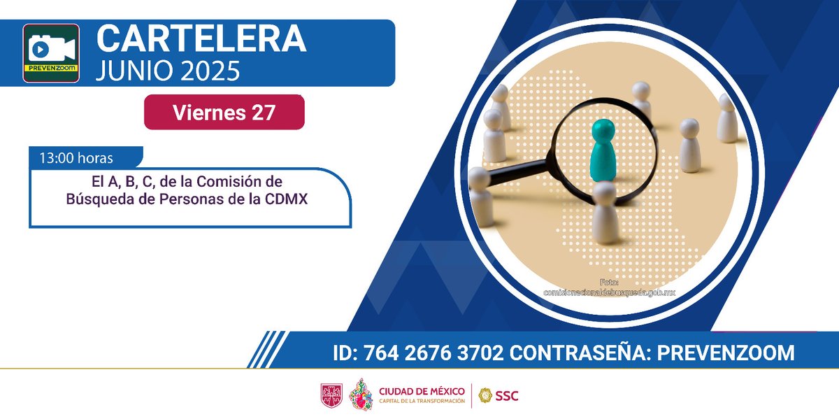 Como parte de la estrategia de seguridad de la
<a href="/SSC_CDMX/">SSC CDMX</a>, te invitamos al taller "El A, B, C, de la Comisión de Búsqueda de Personas de la CDMX", que impartiremos en la cartelera de PREVENZOOM este viernes 26 de junio a las 13 hrs. 🔴Zoom ID 764 2676 3702
