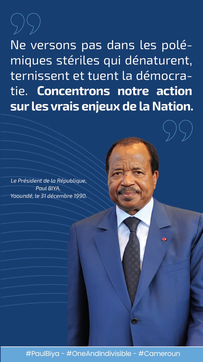 Ne versons pas dans les polémiques stériles qui dénaturent, ternissent et tuent la démocratie. Concentrons notre action sur les vrais enjeux de la Nation.

#PaulBiya
#OneAndIndivisible
#Cameroun