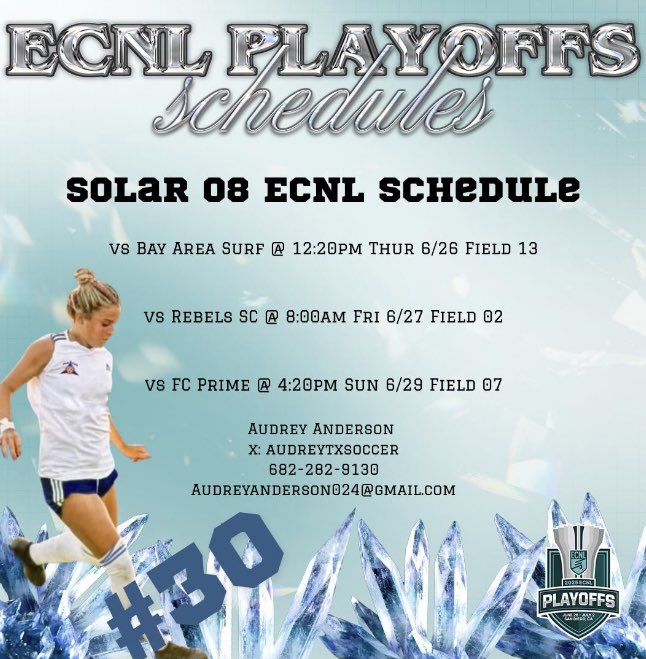 Audrey Anderson (@audreytxsoccer) on Twitter photo Here’s my schedule for <a href="/ECNLgirls/">ECNL Girls</a> playoffs! Can’t wait to compete with <a href="/Solar08gECNL/">Solar08gECNL</a> !!
<a href="/ImYouthSoccer/">ECNL/GA/Recruiting/College Soccer</a> <a href="/TopDrawerSoccer/">TopDrawerSoccer</a> <a href="/PrepSoccerTX/">Prep Soccer Texas</a> Here’s my schedule for <a href="/ECNLgirls/">ECNL Girls</a> playoffs! Can’t wait to compete with <a href="/Solar08gECNL/">Solar08gECNL</a> !!
<a href="/ImYouthSoccer/">ECNL/GA/Recruiting/College Soccer</a> <a href="/TopDrawerSoccer/">TopDrawerSoccer</a> <a href="/PrepSoccerTX/">Prep Soccer Texas</a>