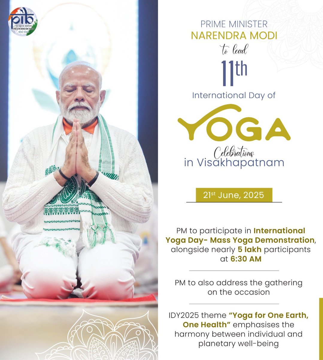 Visakhapatnam to host the 11th International Yoga Day celebrations led by PM <a href="/narendramodi/">Narendra Modi</a>.Embracing the theme ‘Yoga for One Earth, One Health’,the event aims to spread the spirit of health, harmony and unity through the power of yoga.
Watch it live at 6:30 AM on <a href="/DD_Bharati/">DD Bharati दूरदर्शन भारती</a>
