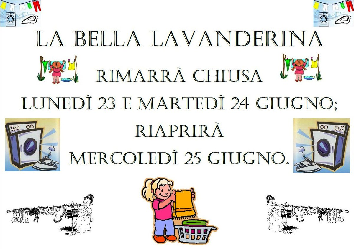 Avvisiamo i nostri gentilissimi clienti che faremo il "Ponte di San Giovanni".

Resteremo chiusi lunedì 23 e martedì 24 giugno 2025.

La lavanderia riaprirà regolarmente mercoledì 25 maggio 2025.

#LaBellaLavanderina augura Buon #Patrono a tutti.