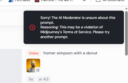 I was able to replicate an animated "Wall-E with a Gun" with Midjourney's new video tool, but when I tried "Homer Simpson with a Donut" I was only able to get an image. The video violated Midjourney's TOS.